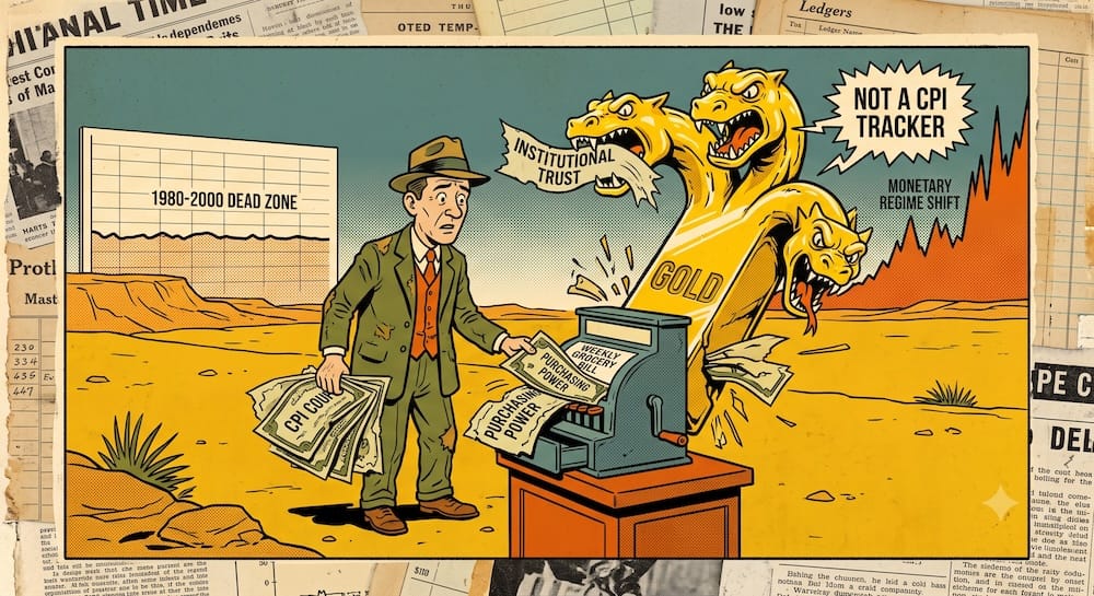 a giant, flatlined monument titled '1980-2000 DEAD ZONE'. A bewildered investor in a suit and hat tries to redeem 'CPI Coupons' at a non-existent cash register. In the background, a massive sun-bleached gold bar holds a 'NOT A COUPON' sign, with an explosive, jagged monetary crisis breaking around it.