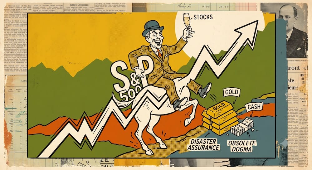 A manic investor in a suit and bowler hat blindly riding an explosive ascending stock line bronco, raising a champagne toast labeled 'STOCKS'. Behind him, he heedlessly tramples piles of 'GOLD' and 'CASH' assets.