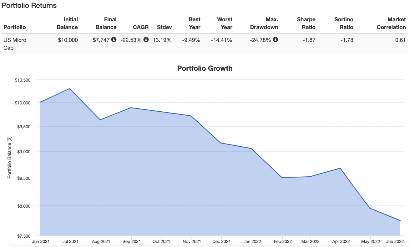 US Micro Cap returns from a one year standpoint on Portfolio Visualizer