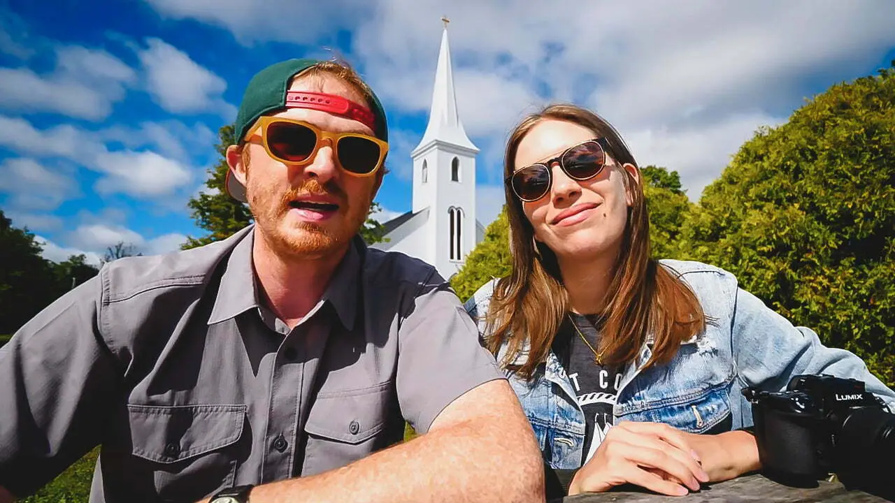 Nomadic Samuel and Audrey visiting Mahone Bay, Nova Scotia, Canada