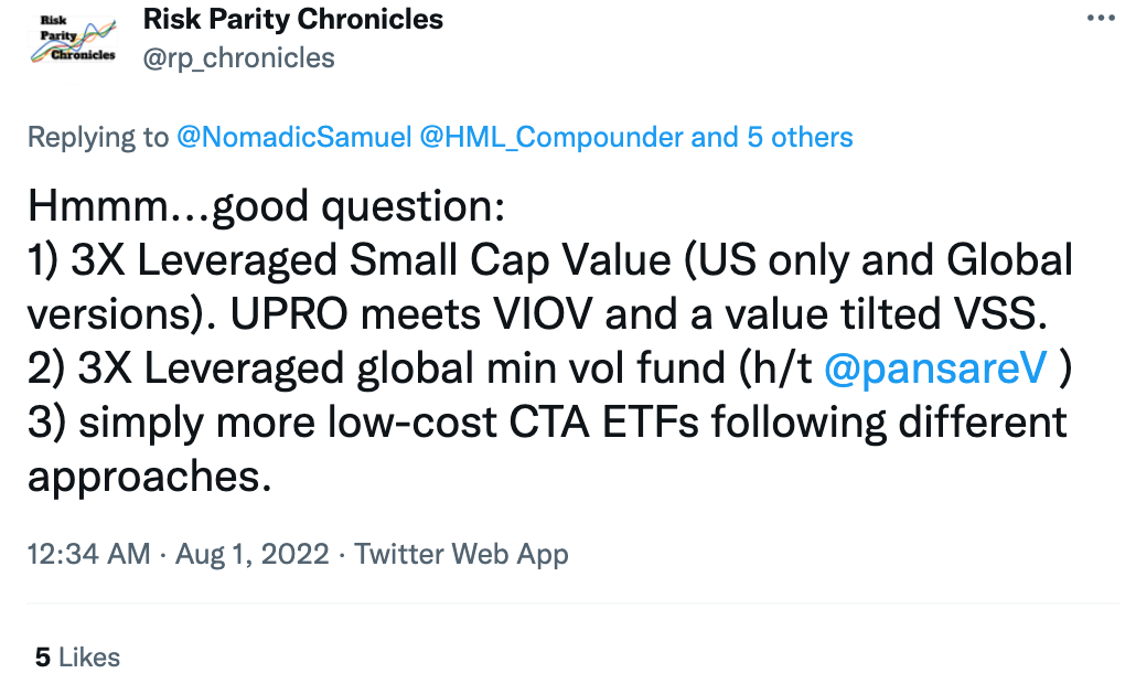 "Hmmm...good question: 3X Leveraged Small Cap Value (US only and Global versions). UPRO meets VIOV and value tilted VSS. 3X Leveraged global min vol fund (h/t @pansareV) Simply more low-cost CTA ETFs following different approaches." @rp_chronicles