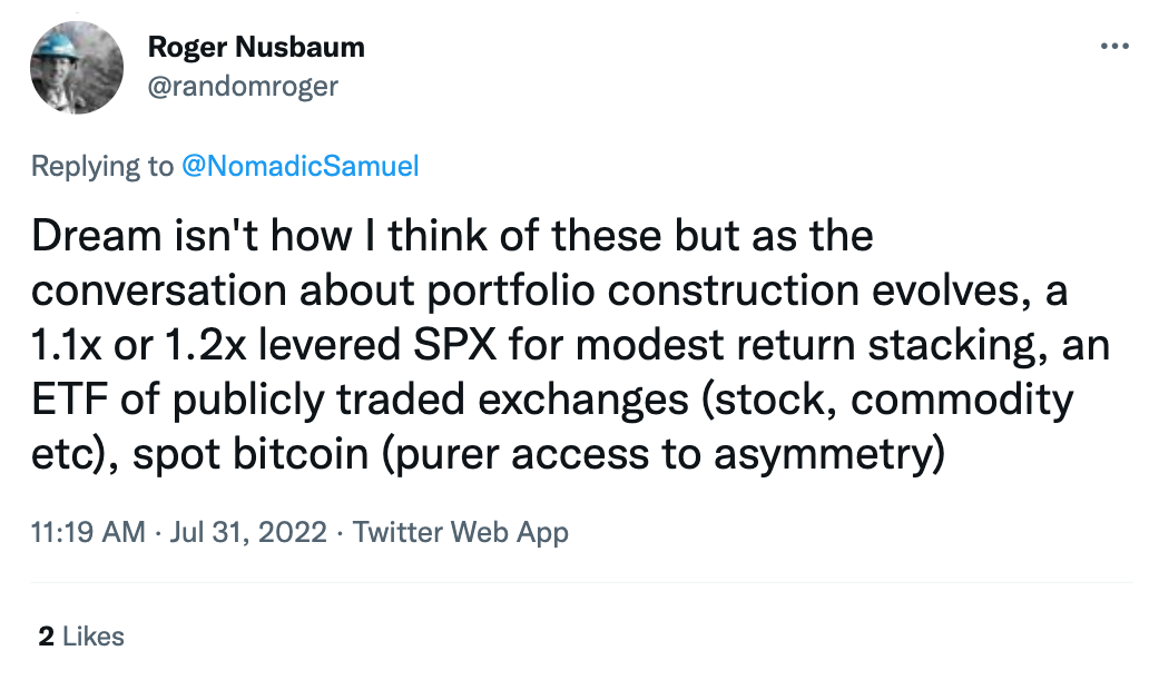 "Dream isn't how I think of these but as the conversation about portfolio construction evolves, a 1.1X or 1.2x levered SPX for modest return stacking, an ETF of publicly traded exchanges (stock, commodity etc), sport bitcoin (purer access to asymmetry)." @randomroger