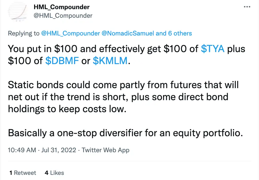"You put in $100 and effectively get $100 of $TYA plus $100 of $DBMF or $KMLM. Static bonds could come partly from futures that will net out if the trend is short, plus some direct bond holdings to keep costs low. Basically a one-stop diversifier for an equity portfolio." @HML_Compounder