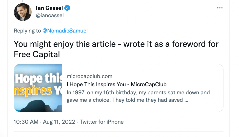 "You might enjoy this article (I Hope This Inspires You) - wrote it as a foreword for Free Capital." - @iancassel of MicroCapClub