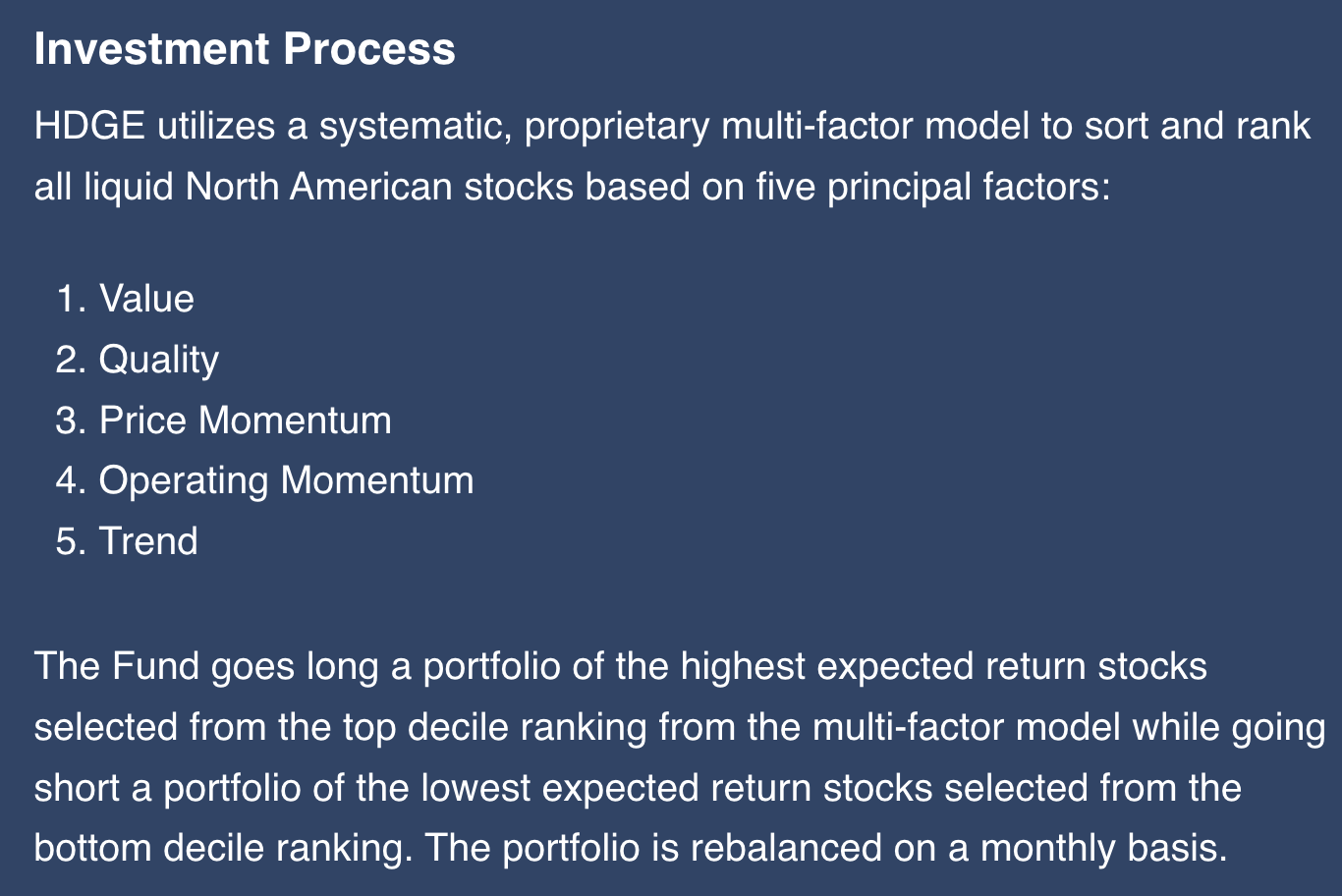 HDGE investment process of selecting stocks based upon value, momentum, quality and trend