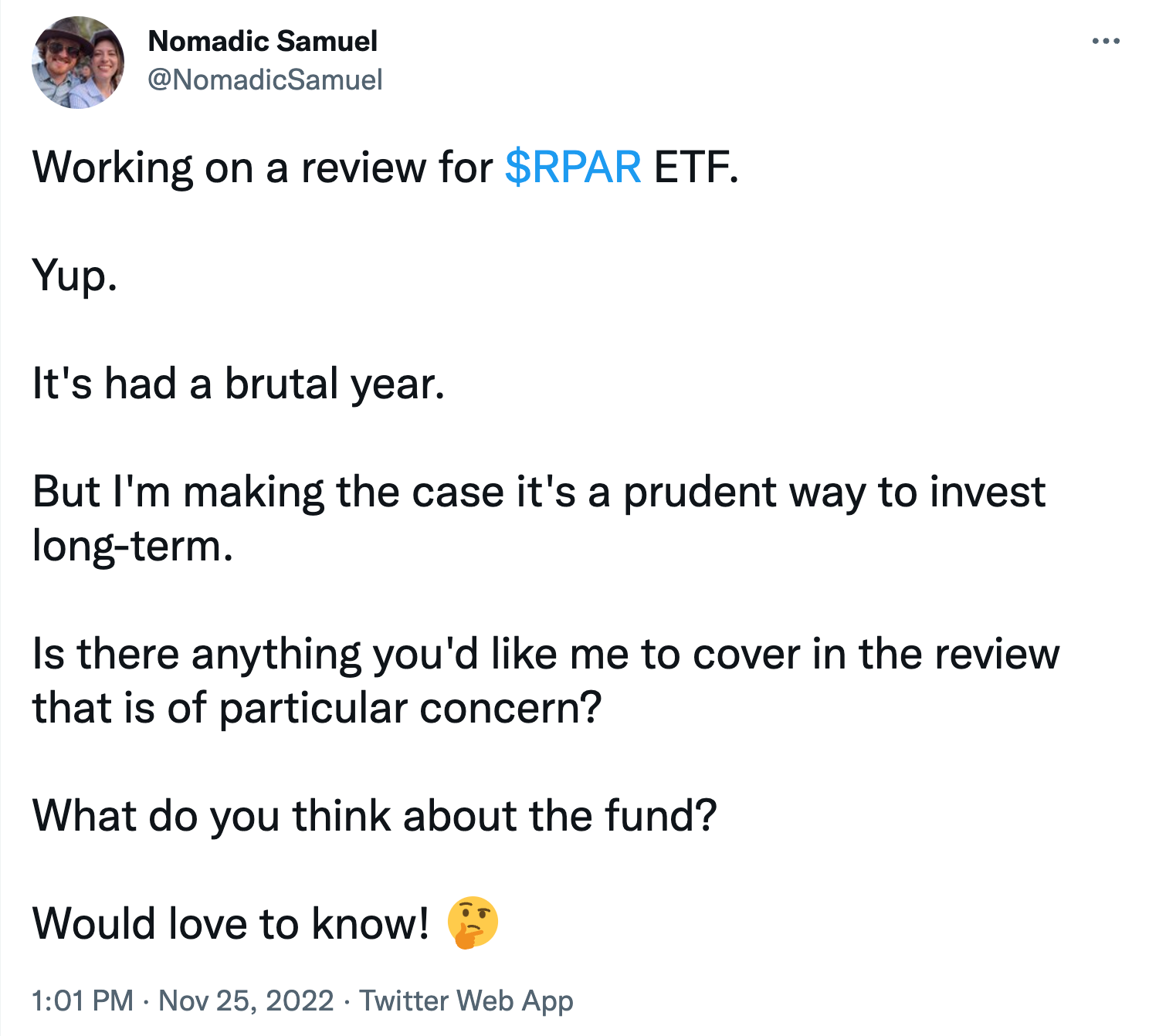 Nomadic Samuel tweet about RPAR ETF 