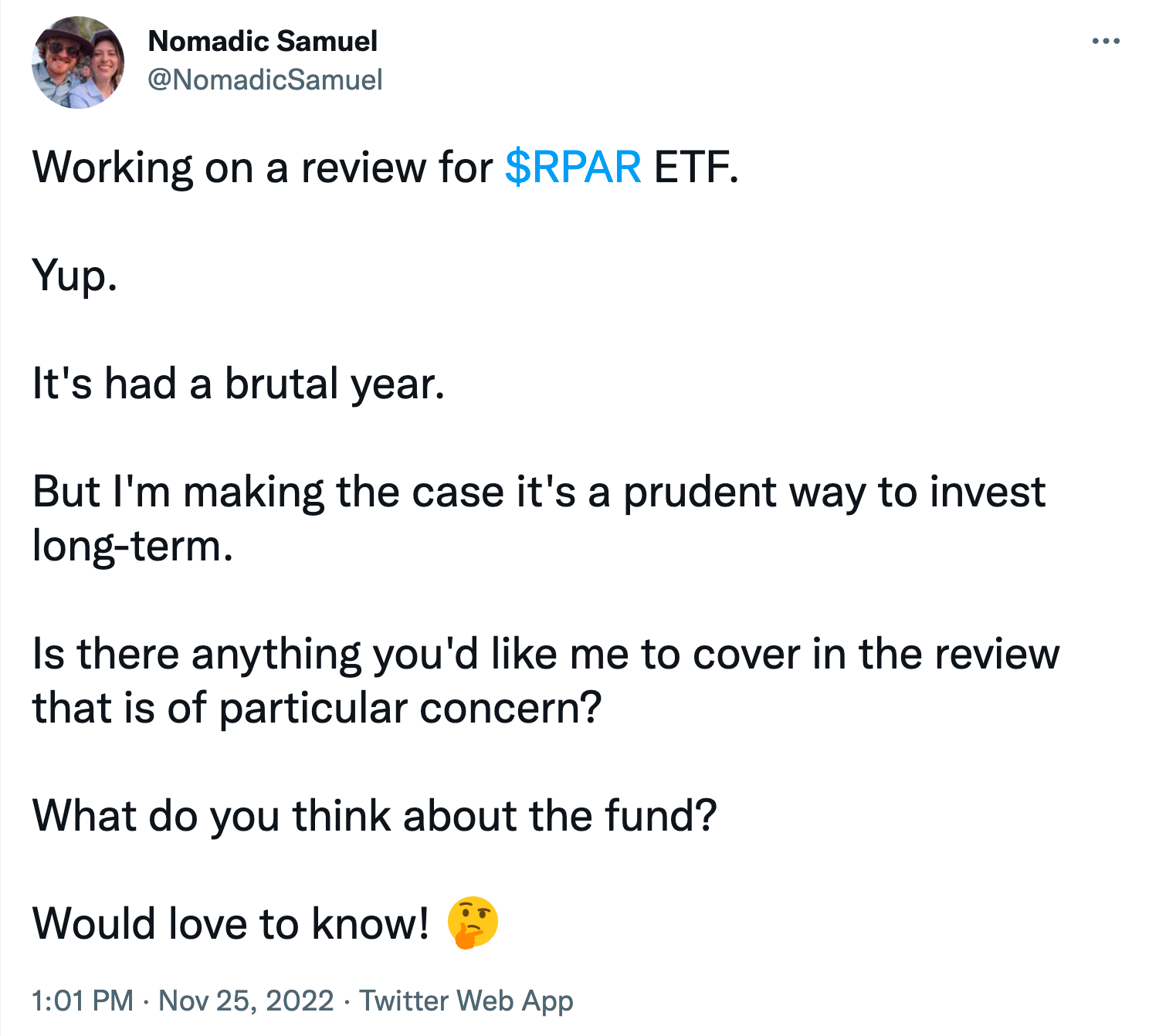 Nomadic Samuel tweet about RPAR ETF 