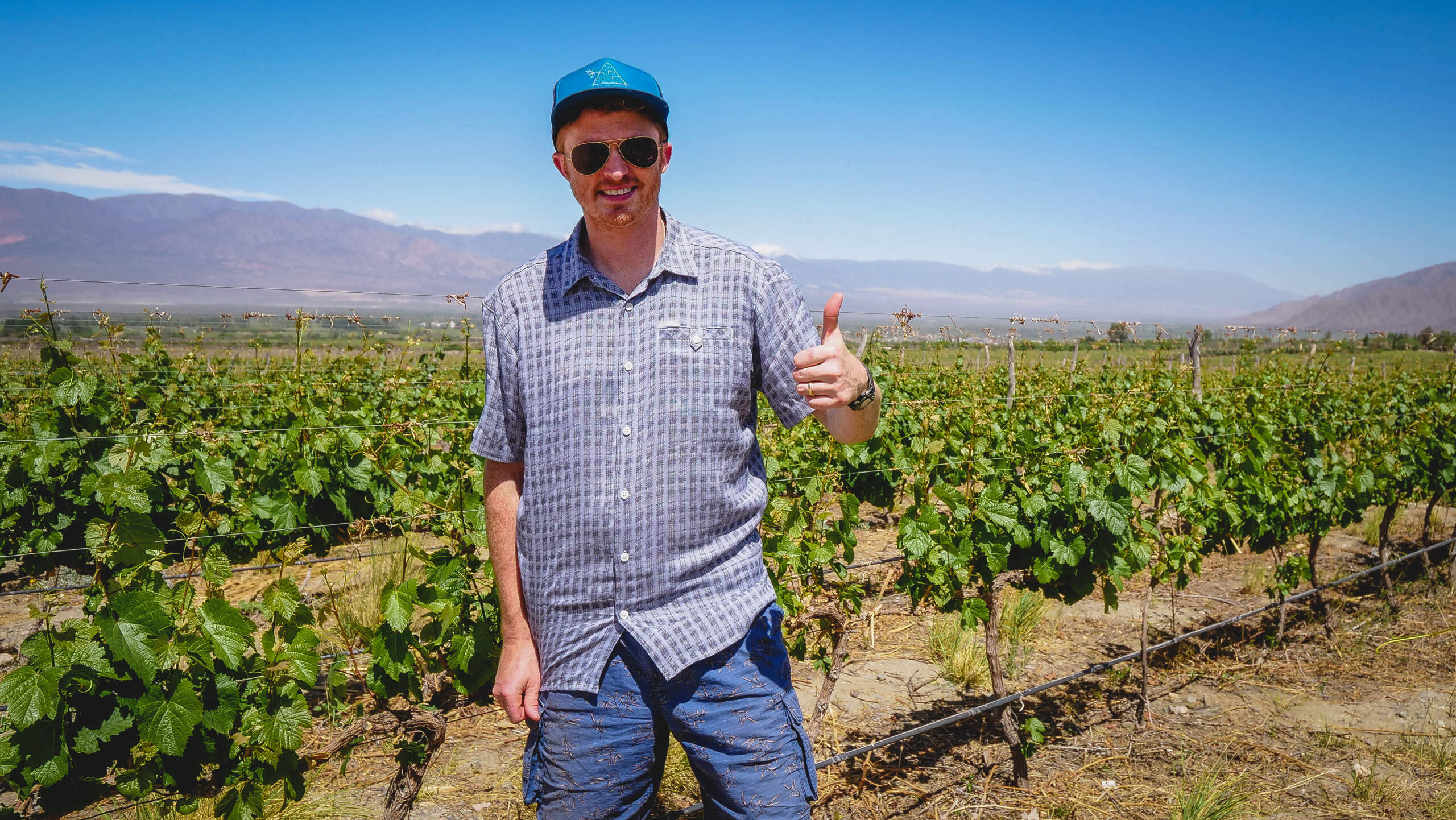 Nomadic Samuel visiting vineyards while traveling around Cafayate in Salta, Argentina