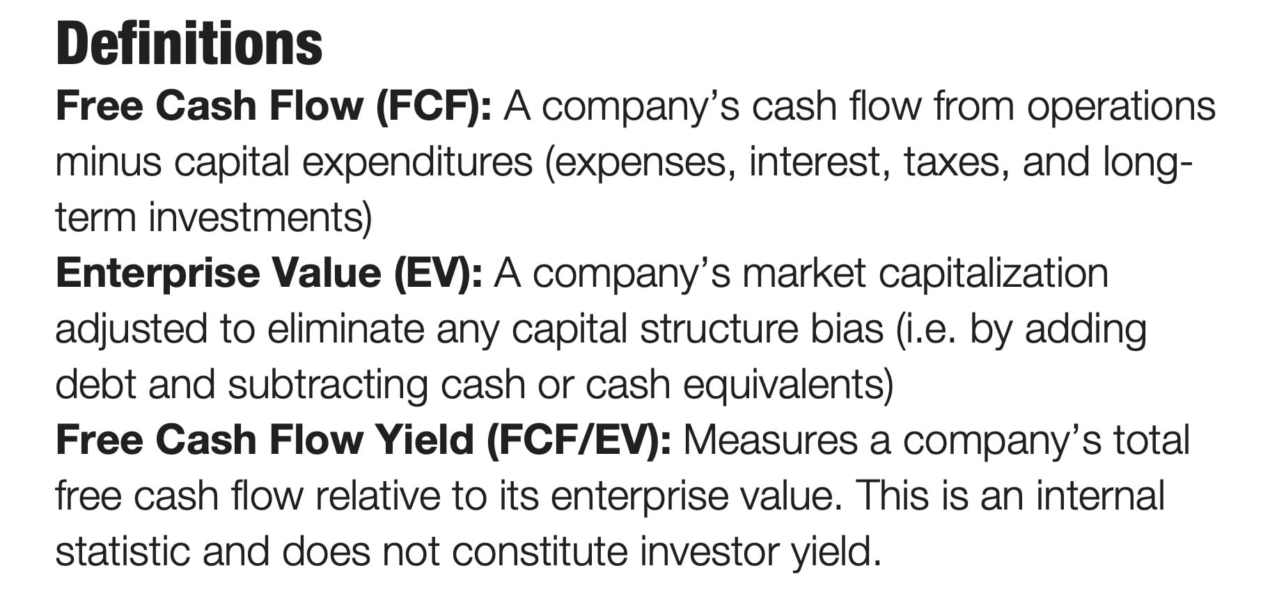 Pacer US Cash Cows 100 ETF COWZ Definitions of Free Cash Flow (FCF) Enterprise Value (EV) and Free Cash Flow Yield (FCF/EV)