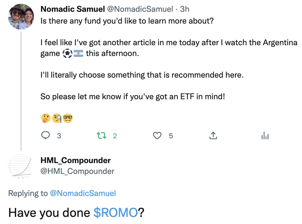 What fund should I review after watching Argentina play soccer? How about ROMO ETF? What fund should I review after watching Argentina play soccer? How about ROMO ETF?