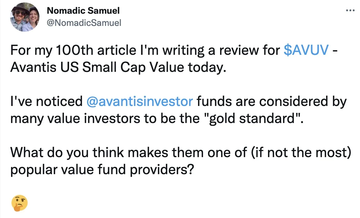For My 100th article I'm writing a review for AVUV ETF. I've noticed avantis funds are considered by many value investors to be the "gold standard." What do you think makes them one of (if not the most) popular value fund providers?