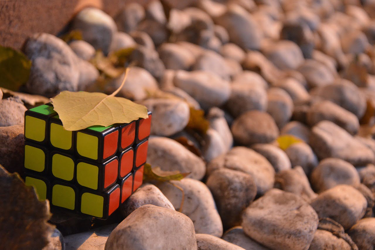 Rubik's Cube with an autumn leaf 