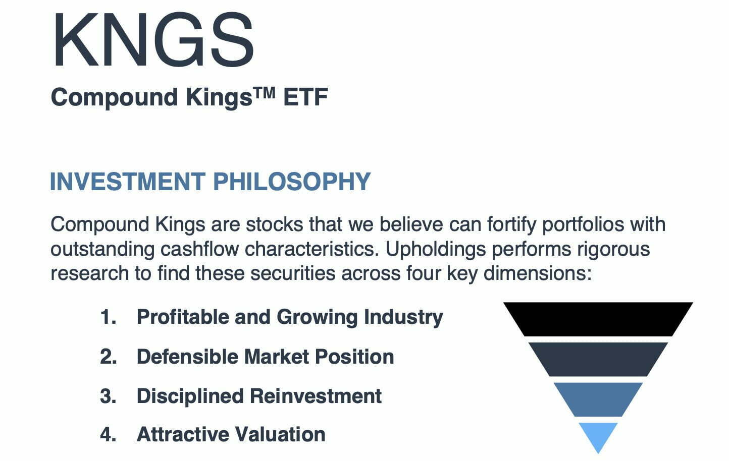 Upholdings Compound Kings ETF KNGS investment philosophy of finding profitable and growing industries, defensible market positions, disciplined reinvestments and attractive valuations 