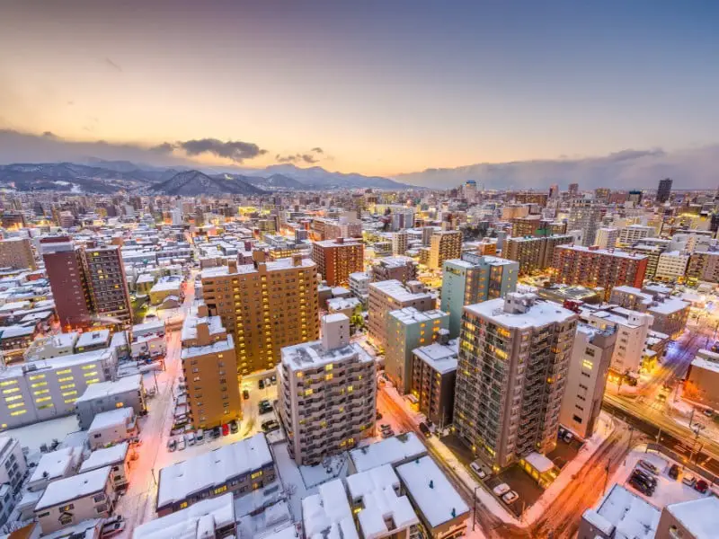 Sapporo apartments aerial views in Japan on a snowy winter day 