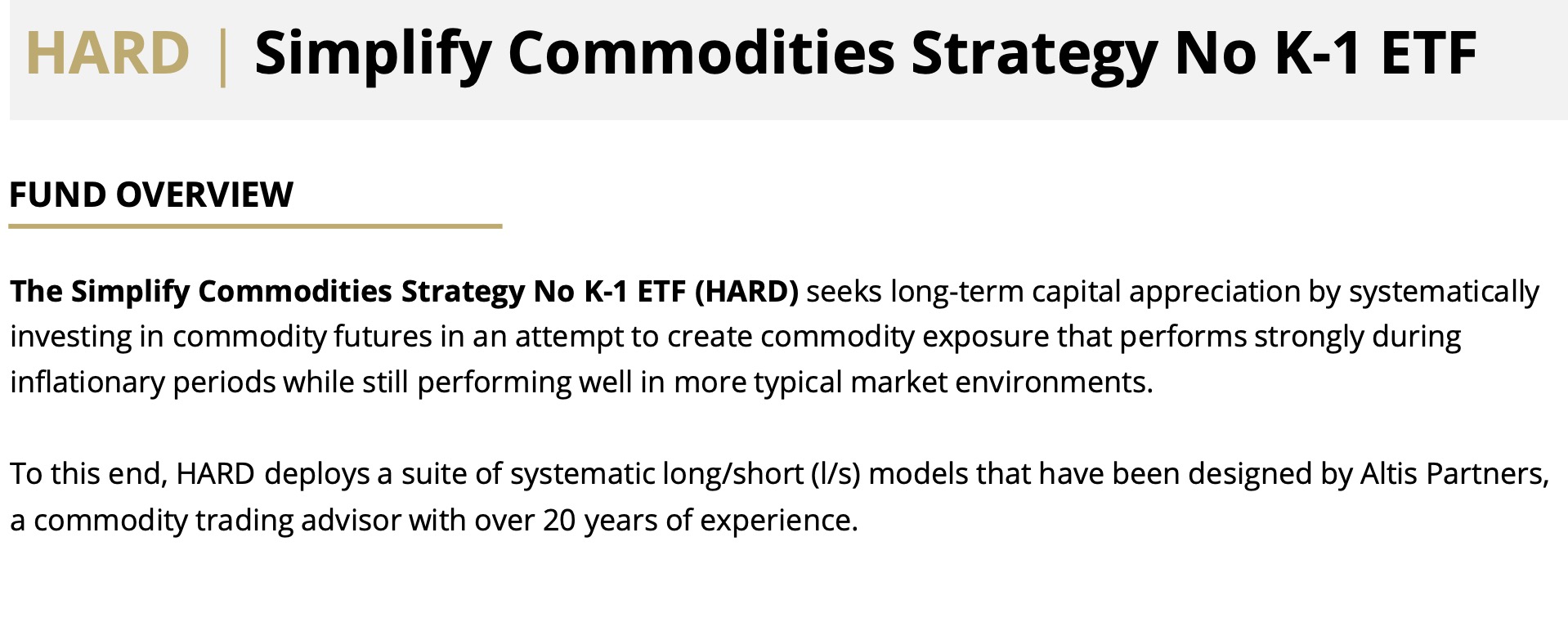 HARD ETF Simplify Commodities Strategy No K-1 ETF Fund Overview