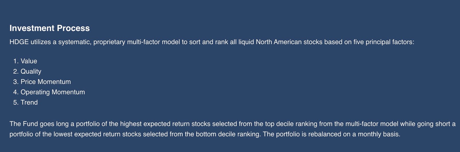 HDGE ETF Investment Process including screening for value, quality, price momentum, operating momentum and trend 