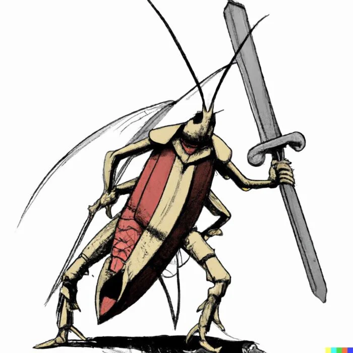 Lean cockroach portfolio ready for battle with sword 