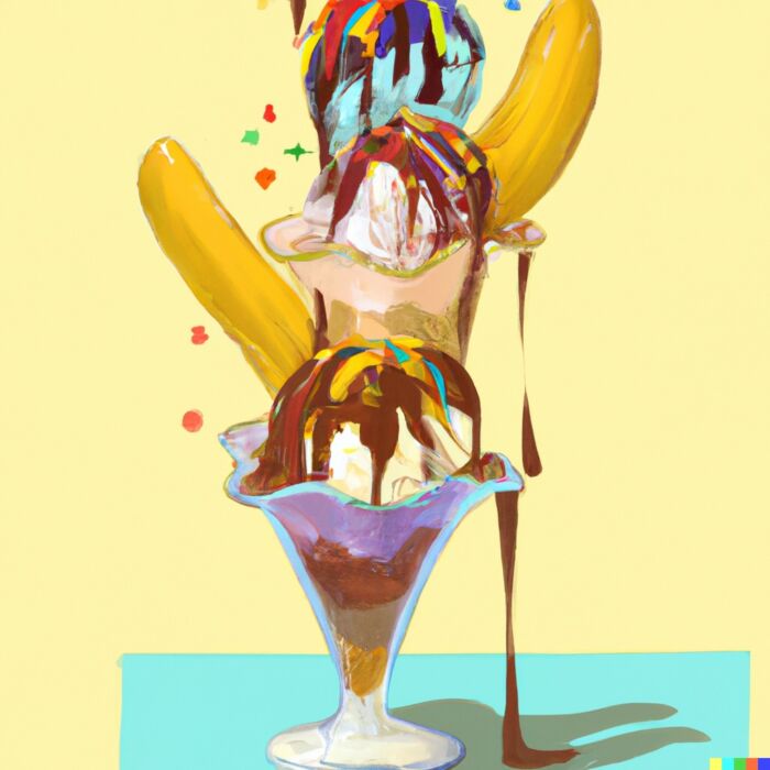 Return Stacked Traditional Ice Cream Sundae with chocolate sauce spilling out 