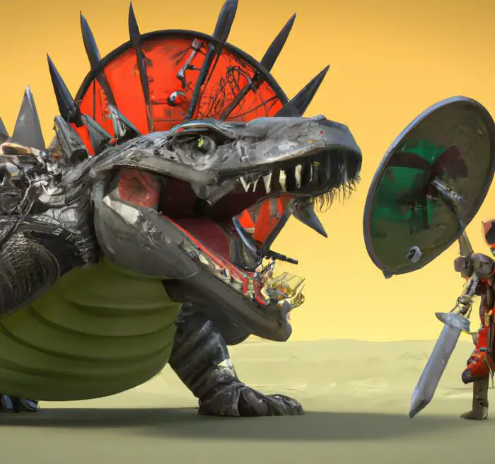 Large Caps vs Small Caps as represented by a large robot dinosaur vs warrior 