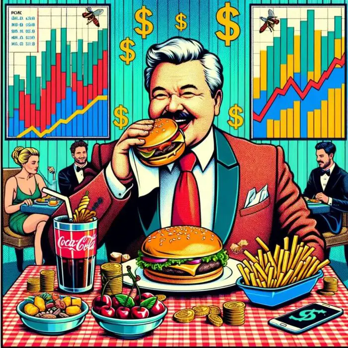 Buffett's preference for a simple cheeseburger and Cherry Coke over gourmet dining and his aversion to ostentatious displays of wealth paint a very different picture of billionaire living - digital art 