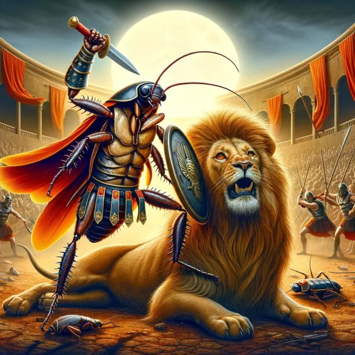 The Cockroach Portfolio Battling A Lion As A Gladiator - Digital Art 