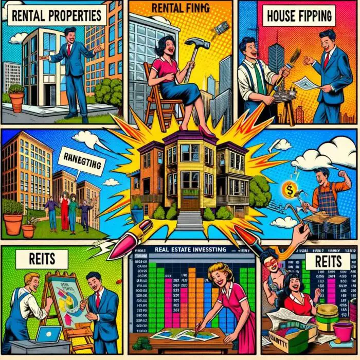 Real Estate Investing Different Options For Investors: Rentals Properties + House Flipping + REITS + Rental Flipping - digital art 