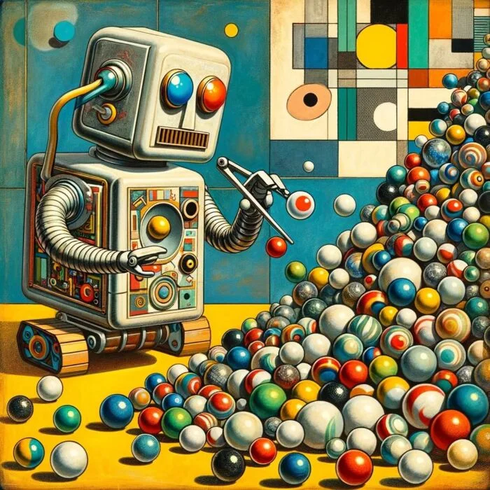Retro Robot selecting the best Value Fund ETF from a large pile - digital art 