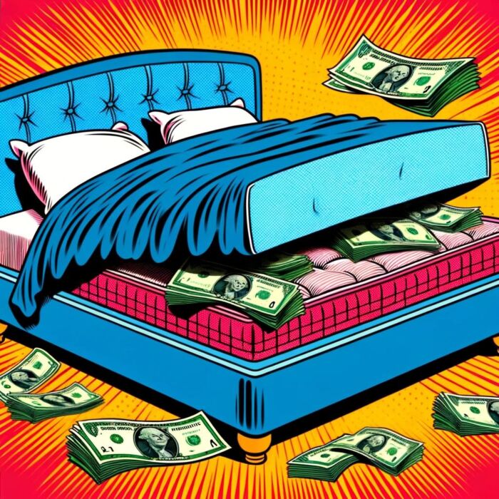 US Dollars stuffed under the mattress as an inflation hedge - digital art 