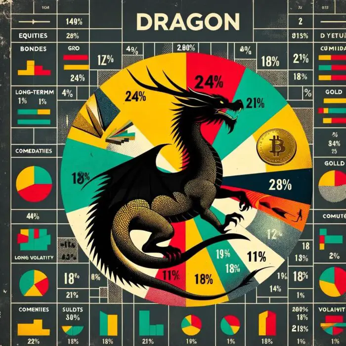 Composition of the Dragon Portfolio With Its Equities, Bonds, Gold, Commodity Trend and Long Vol - digital art 