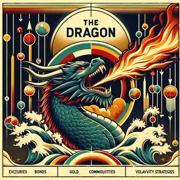 The Dragon Portfolio allocates to equities, bonds, commodity trend, gold and long volatility - digital art 