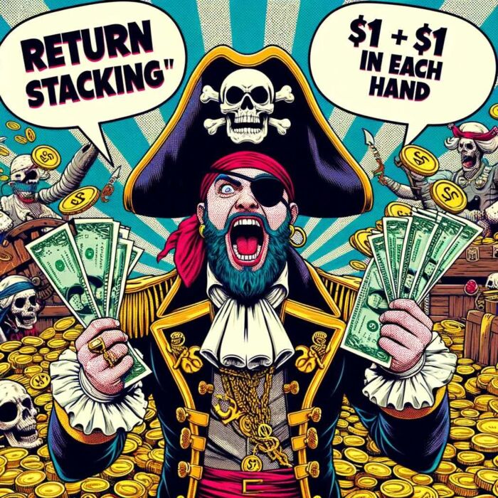 What Is Return Stacking? Return Stacked Portfolios: Capital Efficient Investing Strategy Review: Return Stacking With $1 PLUS $1 in each hand to illustrate a 200% canvas product 