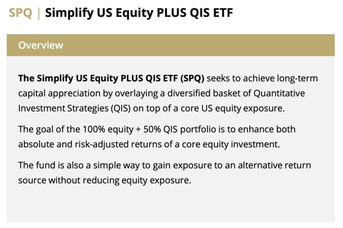 SPQ ETF Simplify US Equity PLUS QIS ETF Overview Covering Its Multi-Strategy QIS plus Stocks allocation 