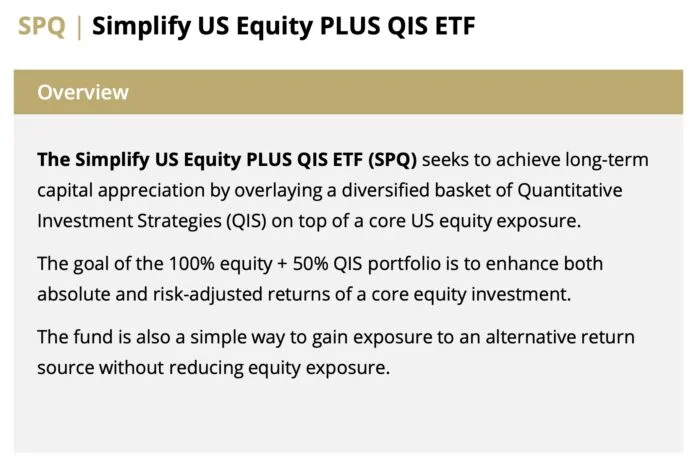 SPQ ETF Simplify US Equity PLUS QIS ETF Overview Covering Its Multi-Strategy QIS plus Stocks allocation SPQ ETF Simplify US Equity PLUS QIS ETF Overview Covering Its Multi-Strategy QIS plus Stocks allocation