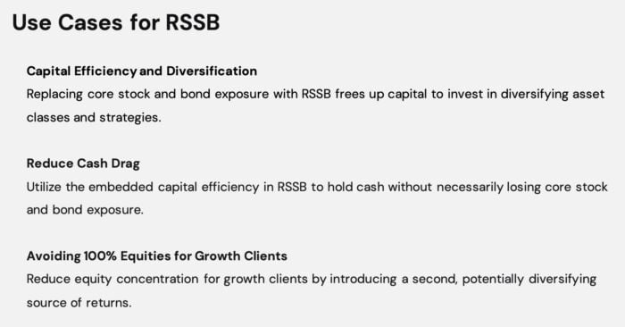 Use Case For RSSB ETF including capital efficiency and diversification, reduce cash drag and avoiding 100% equities for growth clients - digital art 