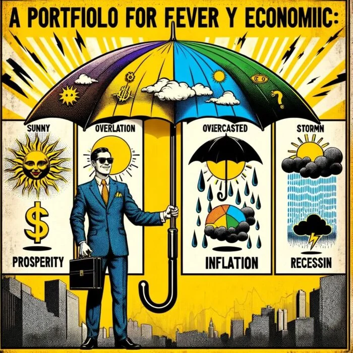 A portfolio prepared for every season: sunny (prosperity), overcast (deflation), rain (inflation) and storms (recession) - digital art 