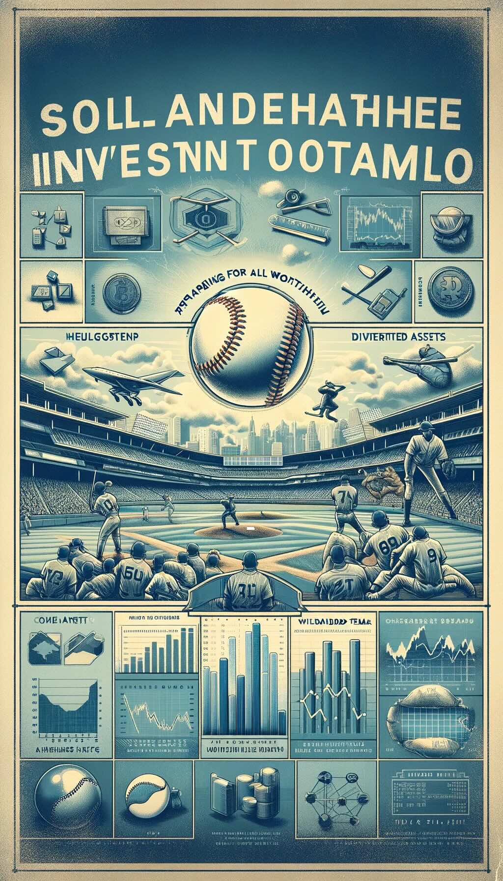The concept of an all-weather investment portfolio compared to a well-rounded baseball team. The artwork merges imagery of both baseball and investment, symbolizing the strength and resilience required in both fields.