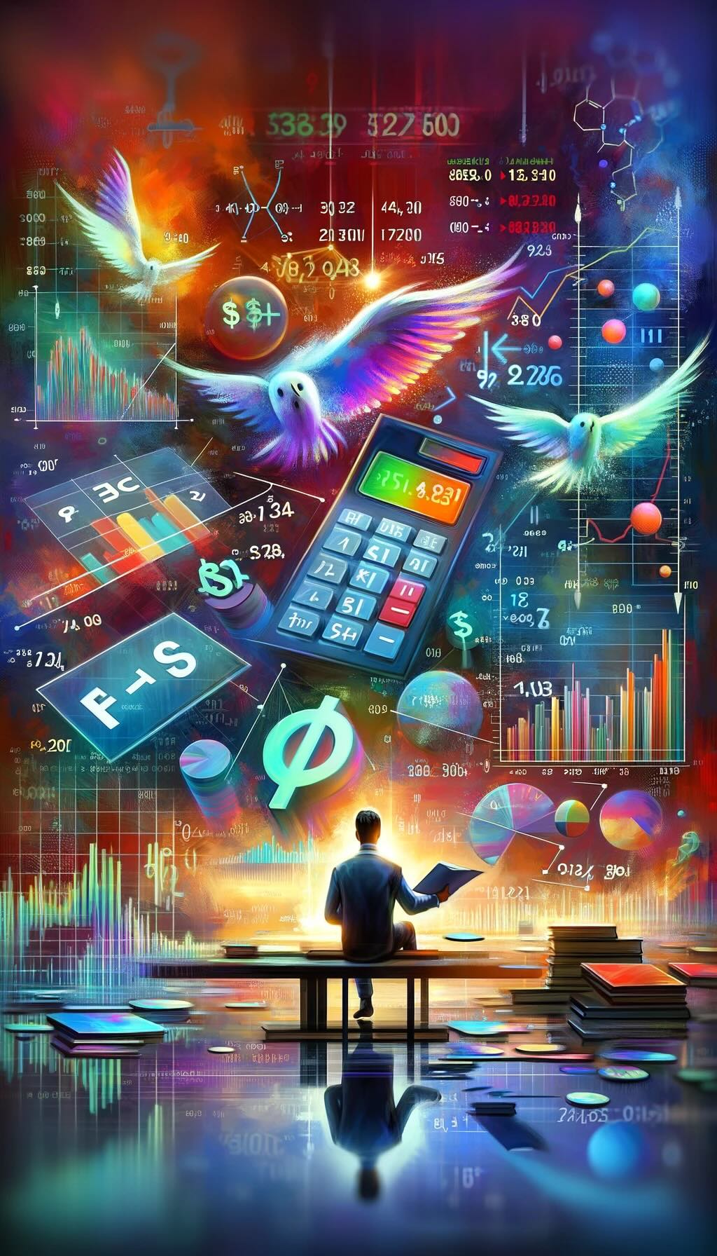 Calculating the Price to Earnings (P/E) Ratio, showcasing an investor analyzing a vivid chart that juxtaposes a company's stock price with its Earnings Per Share (EPS). A giant calculator and mathematical symbols float nearby, symbolizing the analytical process. The P/E Ratio itself is creatively illustrated, perhaps as a glowing figure or a scale that balances stock price against EPS, highlighting the metric's role in gauging the value investors place on each dollar of earnings. Against a backdrop of abstract financial landscapes, where graphs and numbers merge into a dynamic, colorful tableau, the piece explores the nuanced balance between empirical data and projections in stock valuation, encouraging a deeper understanding of investment strategies and market valuation.