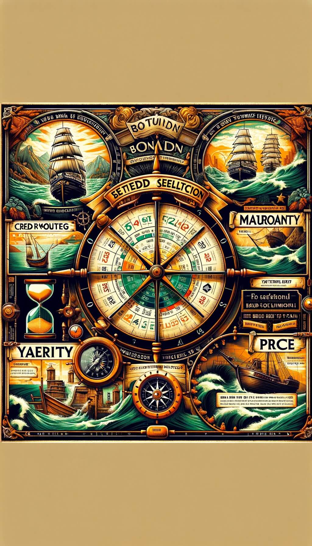 Complex process of selecting bonds into a navigational adventure on a vintage maritime map. It cleverly uses classic symbols to represent key factors in bond selection: a ship's seaworthiness certificate for credit ratings, marking the trustworthiness of bond issuers; a calendar or an hourglass for maturity, denoting the bond's lifespan; a speedometer or wind in the sails for yield, illustrating the growth rate of the investment; a treasure map for price, guiding towards bonds bought at par, discount, or premium; and ocean currents and weather patterns for the interest rate environment, affecting the investment's journey. This richly detailed and colorful artwork invites viewers to navigate the seas of investment with these critical factors as their compass, emphasizing the strategic planning required to sail successfully through the bond market.