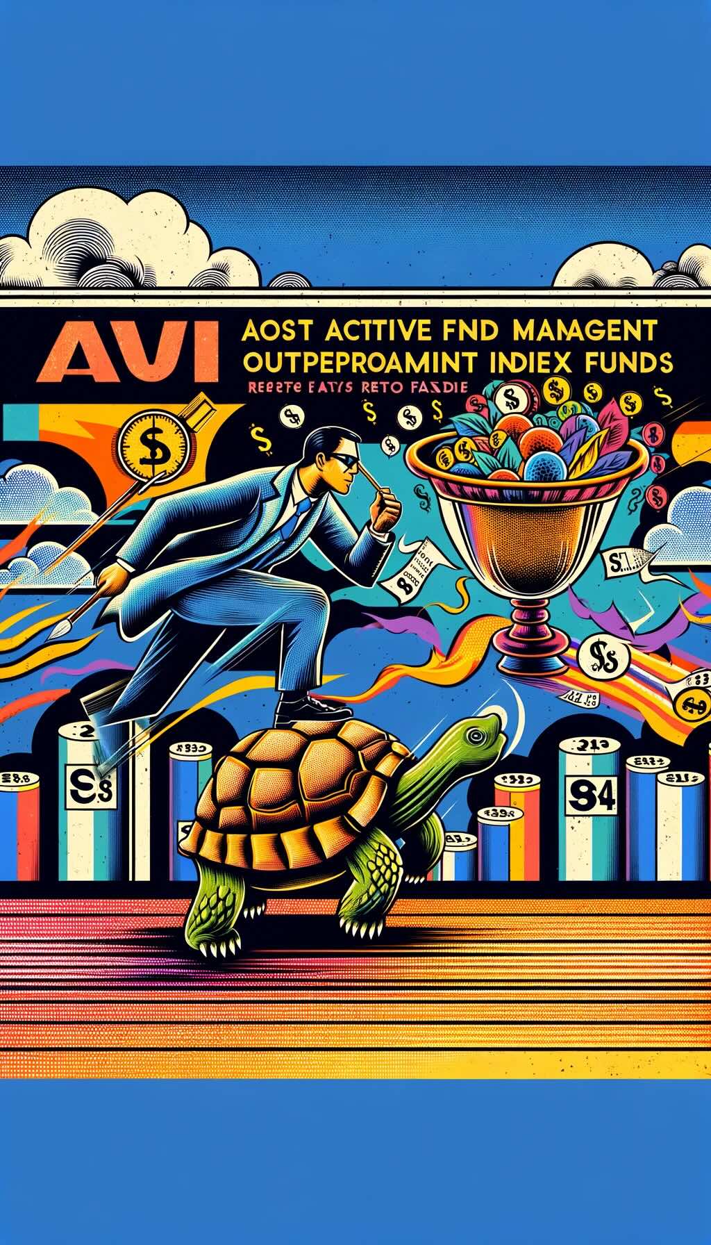 The concept of active fund management outperforming passive index funds, complete with vibrant, playful, and slightly surreal elements