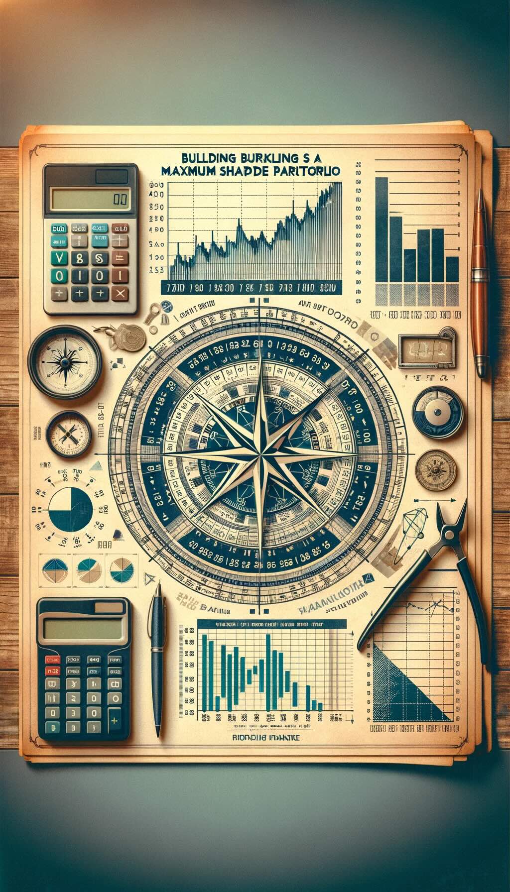Concept of building a Maximum Sharpe Ratio Portfolio. The artwork includes financial elements such as graphs, calculators, and stock market charts, along with imagery like a compass and a balance scale, representing the analytical process of portfolio optimization and the search for the ideal balance between risk and return