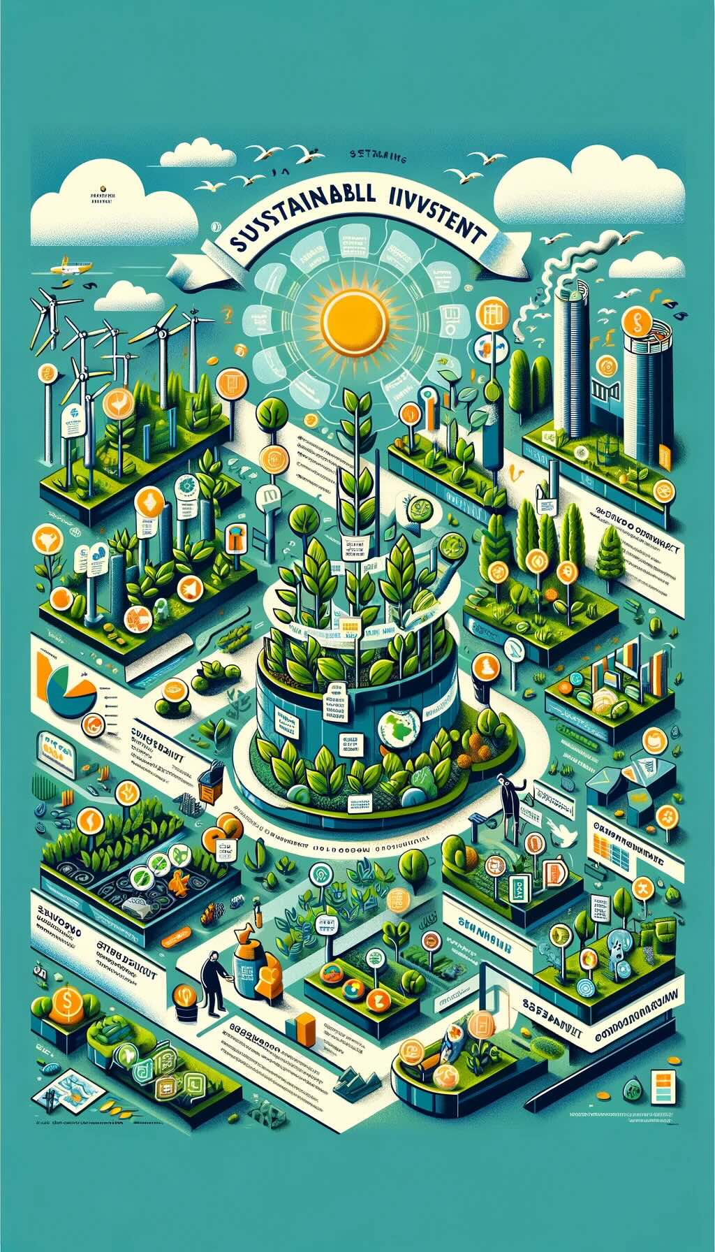 Concept of investing in sustainable funds, depicting a vibrant garden where each plant symbolizes a different aspect of sustainable investment, such as renewable energy, social responsibility, and corporate governance. An investor at the garden's heart nurtures these values with a watering can marked 'Sustainable Growth', highlighting the dual benefits of fostering portfolio growth and contributing positively to the planet. The garden is adorned with symbols of clean energy, healthy communities, and ethical corporate practices, encircled by pathways leading to various investment opportunities. This visual narrative invites viewers to consider how sustainable funds allow for financial returns while supporting environmental protection, social equity, and good governance, encouraging a thoughtful alignment of personal values with investment choices. 