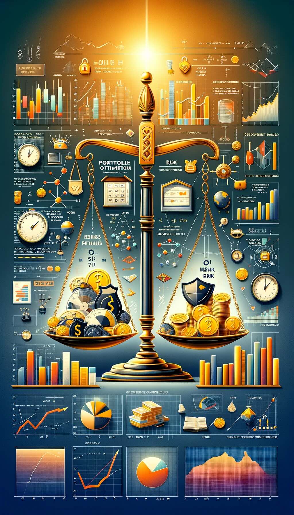 Concept of portfolio optimization, showcasing the critical balance between pursuing higher returns and managing risk. A balanced scale serves as the central motif, with golden coins and upward-trending graphs on one side representing the quest for enhanced returns, and a shield with a safety net on the other emphasizing the importance of risk mitigation. Interconnecting these elements, a mathematical equation symbolizes the analytical process underlying portfolio optimization. The backdrop features a rich array of financial instruments and market indicators, illustrating the diverse assets that can be optimized within a portfolio. Strategic symbols like a compass and a lighthouse offer further guidance on navigating the investment landscape, underscoring the blend of art and science required in making informed decisions to achieve financial goals efficiently.