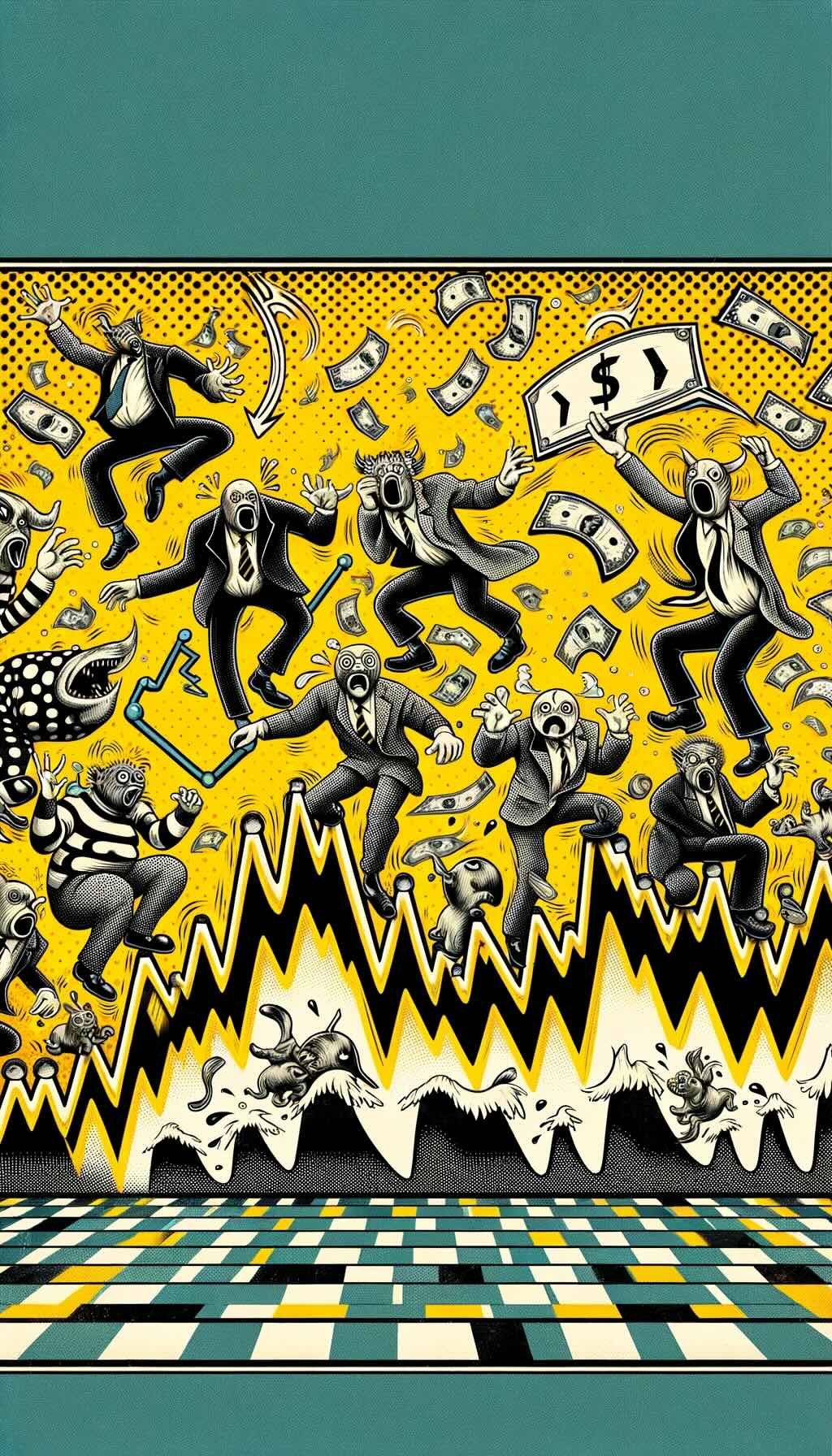 Concept of 'smoothing out volatility' capturing the chaotic essence of the financial world with a playful touch.