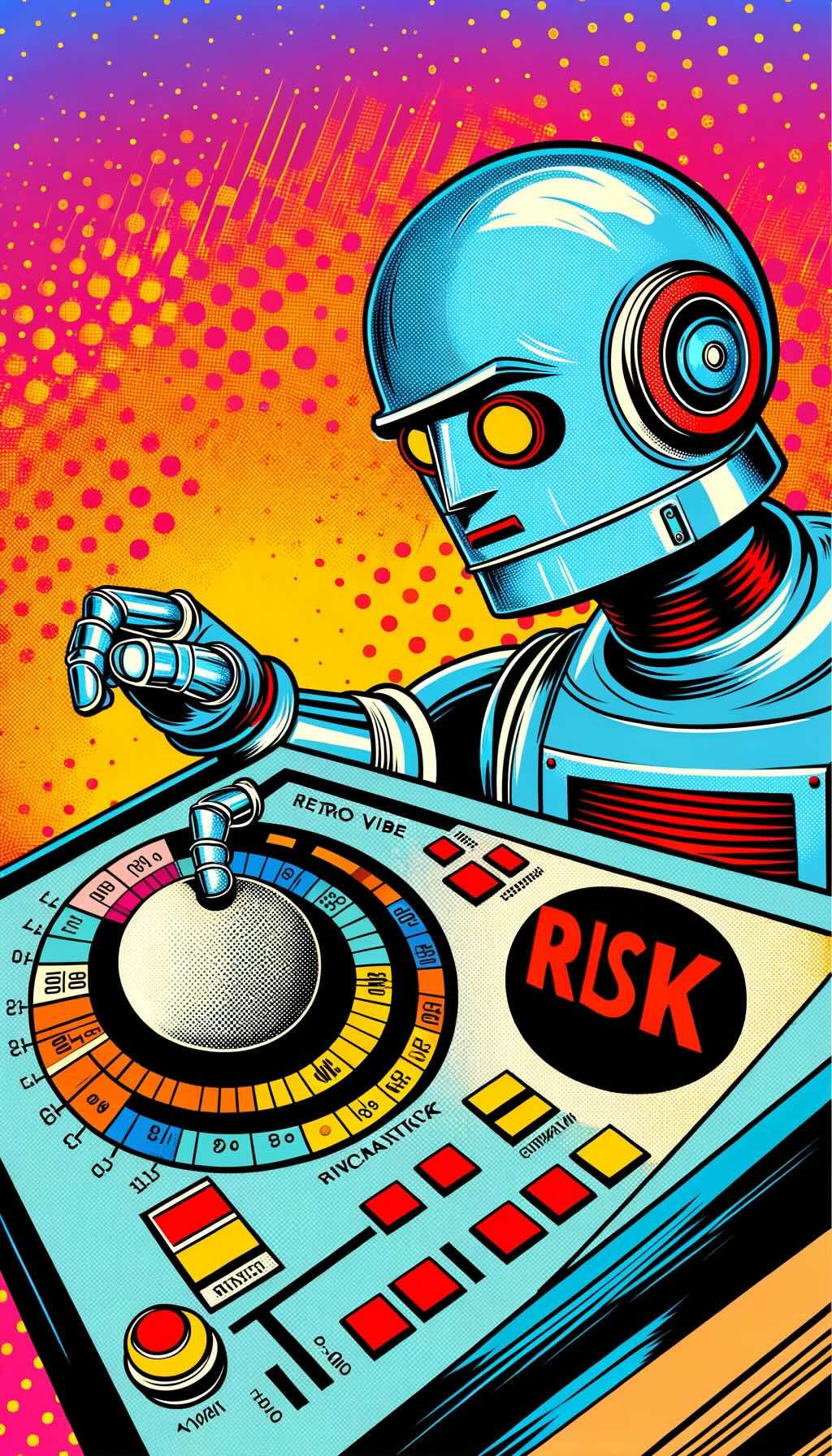 Depicting a retro vibe robot adjusting a risk dial, capturing a playful yet thoughtful representation of financial risk management