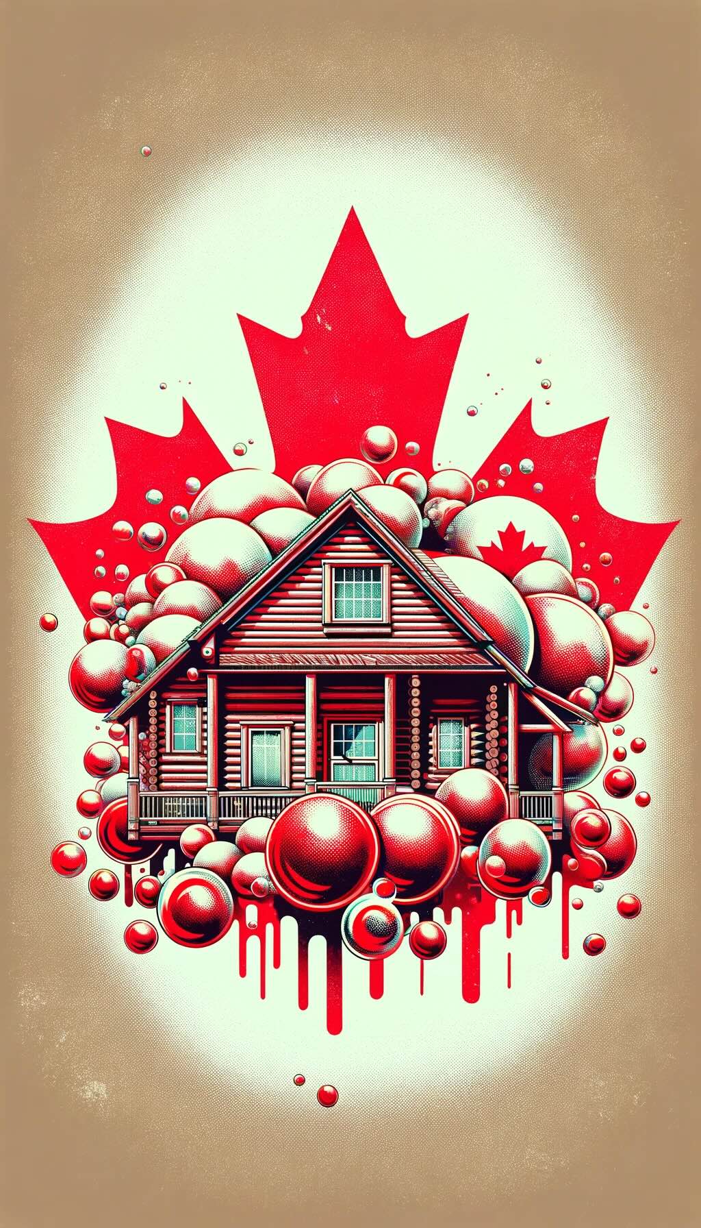 Depicting the Crazy Canada Housing Bubble with vintage Canadian log cabin surrounded by bursting bubbles, symbolizing the volatility of the housing market