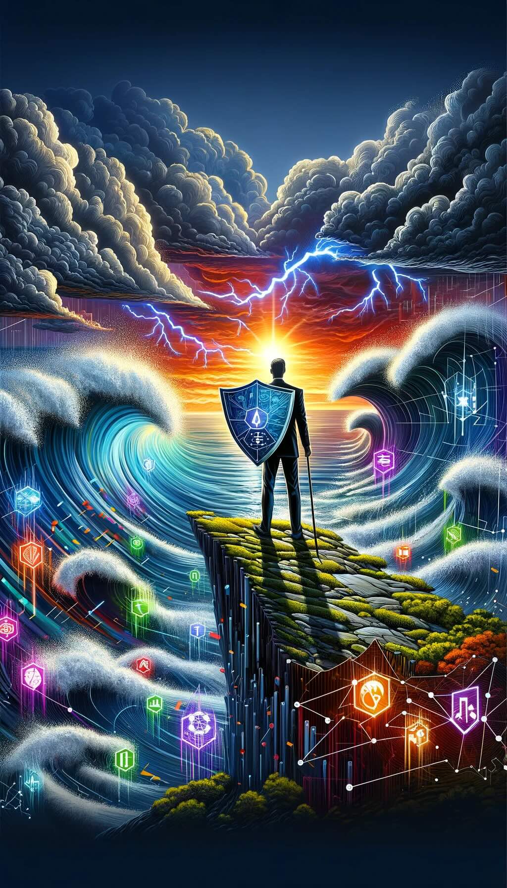 Essence of tail risk in investing, depicting an investor on the edge of a precipice, gazing over a stormy sea that symbolizes the unpredictable market. The investor wields a shield adorned with symbols representing various hedging strategies, such as options, tactical asset allocation, and alternative investments, signifying defense mechanisms against the turbulent market below. Dark clouds and lightning strikes overhead emphasize the potential for sudden market downturns, while the investor's stance conveys preparedness and resilience. This visual narrative highlights the critical balance between risk management and seeking investment opportunities, urging viewers to consider the importance of strategic planning and hedging in navigating the financial world's inherent uncertainties. 