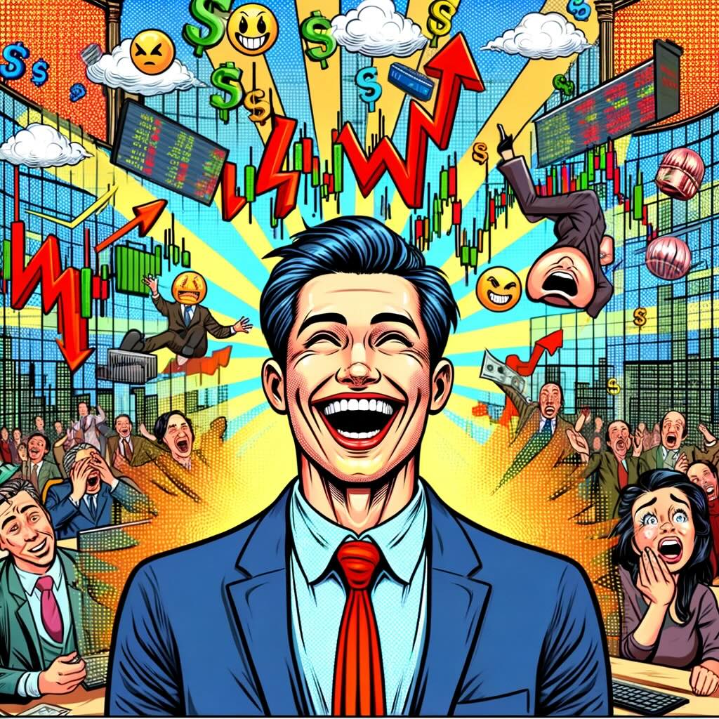 Humorously and outrageously depicts the concept of feeling happy and succeeding when the market is down. The image captures the contrast between the character's joy and the chaos of the stock market.