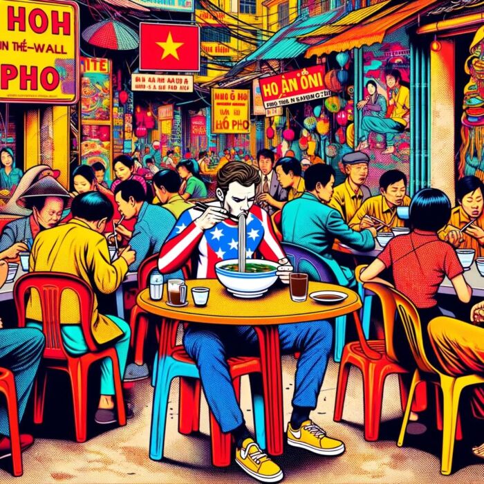 Gringo Investor eating Pho in Vietnam at hole in the wall restaurant - digital art 