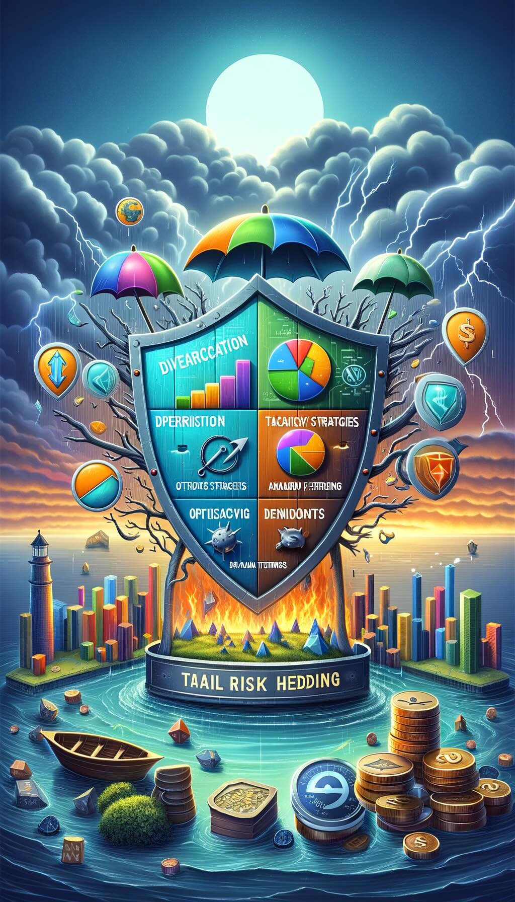 Managing investment risk through various tail risk hedging strategies. It features a safeguarding shield that encompasses symbols for each strategy: a colorful pie chart representing diversification, a protective umbrella for options-based strategies, a navigating compass for tactical asset allocation and dynamic hedging, and a treasure chest symbolizing alternative investments like managed futures and commodities. Against a backdrop of a stormy financial landscape marked by lightning bolts, the shield stands firm, offering protection against market volatility. This visual narrative, rich in symbolic imagery and vibrant colors, underscores the strategic importance of tail risk hedging in safeguarding investment portfolios from severe downturns, inviting viewers to explore the multifaceted approaches to risk management.