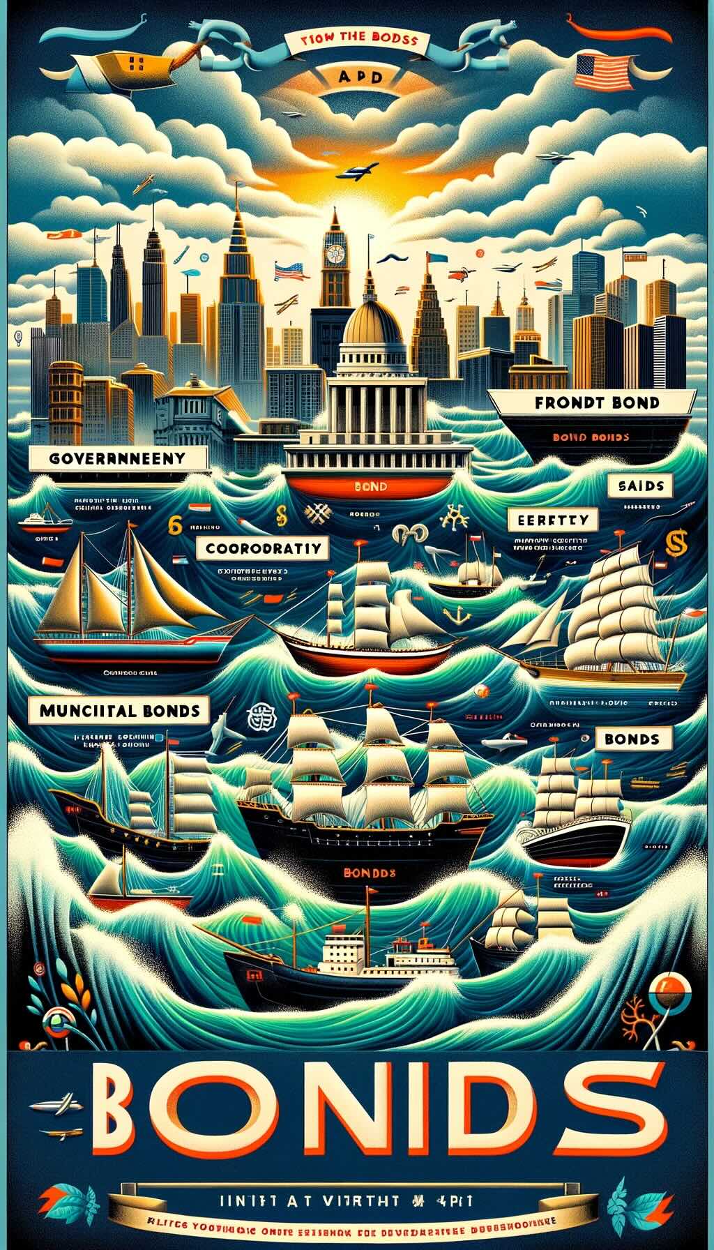 Navigates the diverse world of bonds through a maritime theme, where each bond type is represented as a unique ship on the vast financial seas. Government bonds are sturdy vessels, symbolizing their low-risk nature and government backing. Municipal bonds are depicted as community ships, reflecting their role in funding local projects and offering tax-exempt interest. Corporate bonds, with their sleek designs, denote the higher returns they promise alongside increased risk. Agency bonds, as semi-governmental vessels, offer a balance between safety and risk. Foreign bonds stand out as exotic ships, sailing international waters to illustrate the diversification they bring to an investment portfolio. The sea teems with symbols of the financial market, portraying the dynamic environment these bonds navigate, highlighting the rich tapestry of investment opportunities each bond type presents within a diversified portfolio.